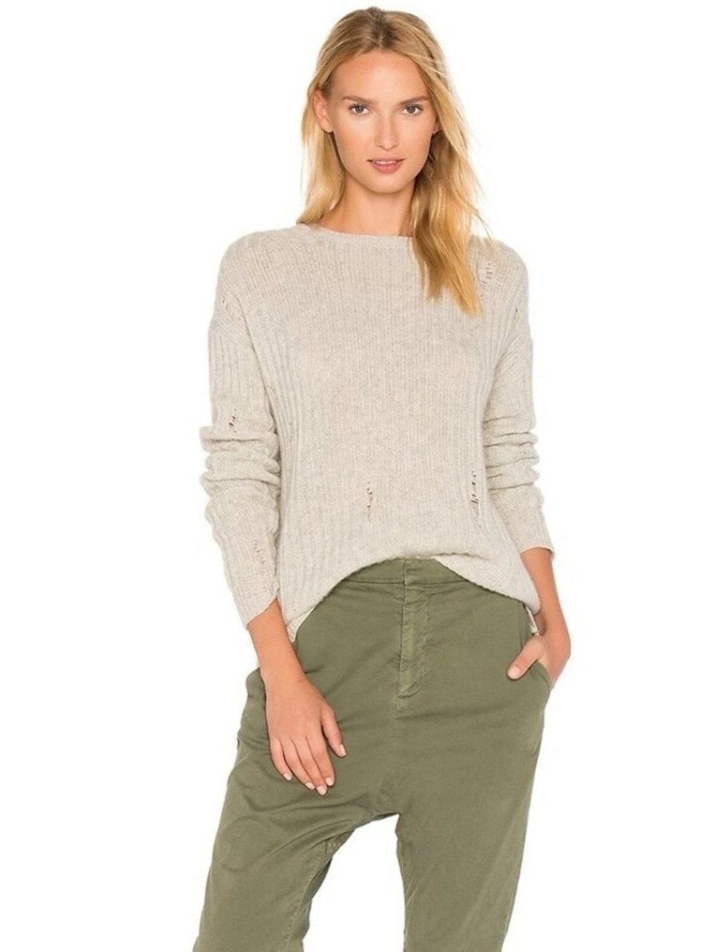 NWT $495 Nili Lotan Gray Cashmere Baxter Distressed Sweater